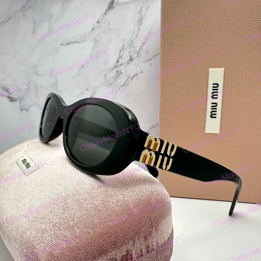 New MIU MIU Sunglasses Black Acetate Oval Gold Metal Logo Authentic Italy
